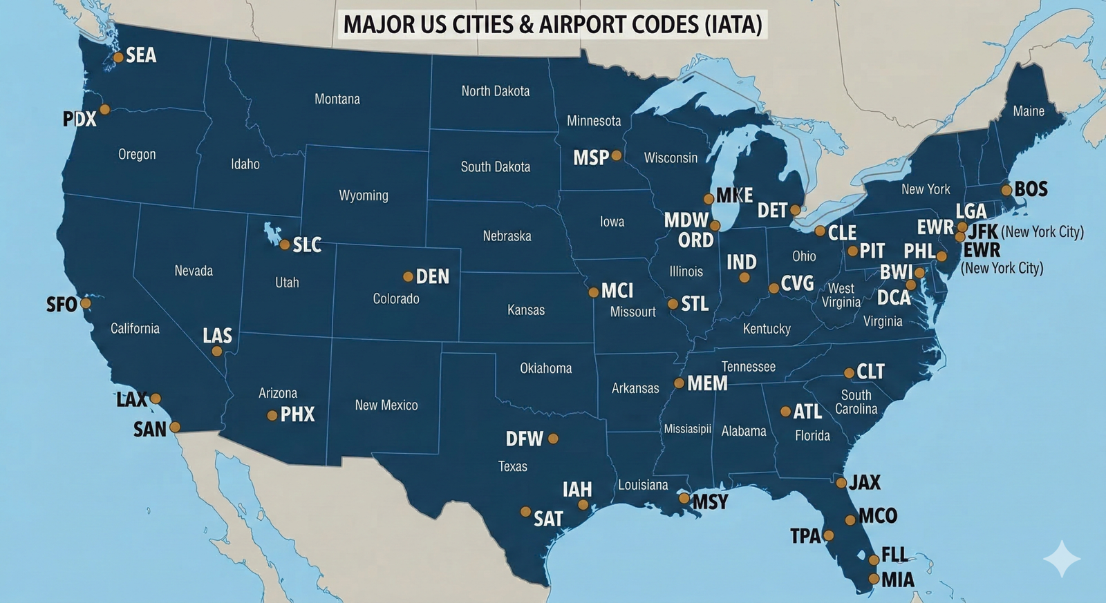 Map of USA with major airport codes and associated cities